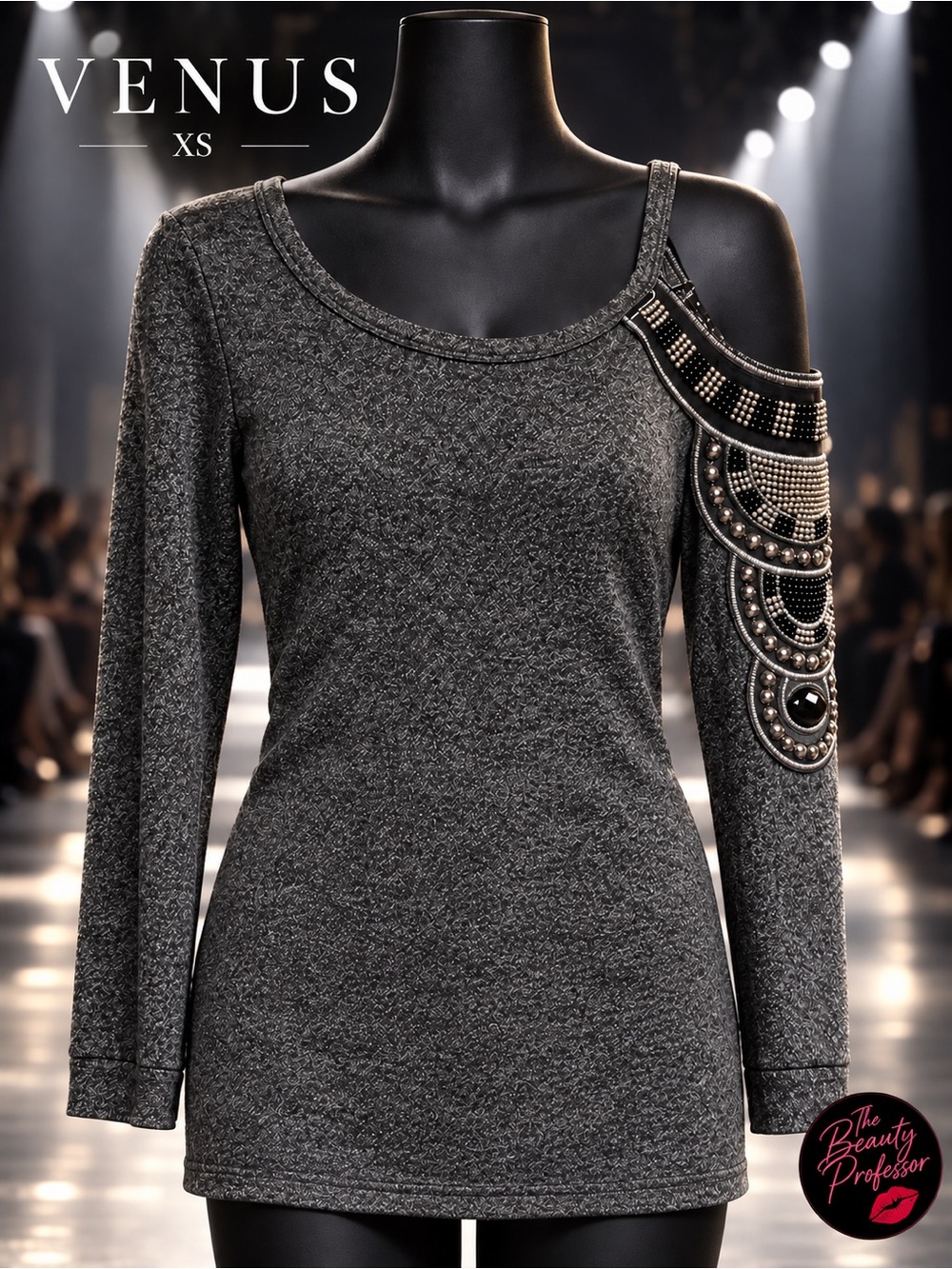 VENUS XS Charcoal Gray Beaded One Shoulder Cutout Knit Sweater Top